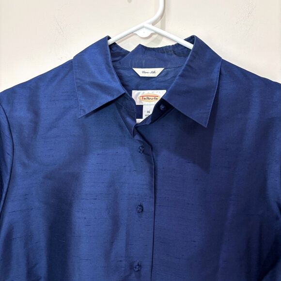Talbots 100% Silk Shirt Royal Blue Button Front sz 14 Collared Satin Lightweight - Picture 2 of 9